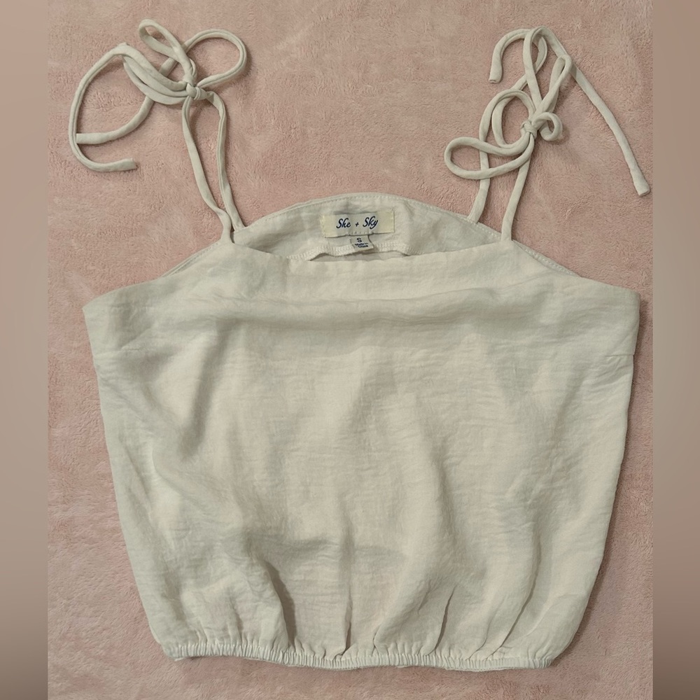 She + Sky White Cami Top With Tie Straps and Cinched Hem